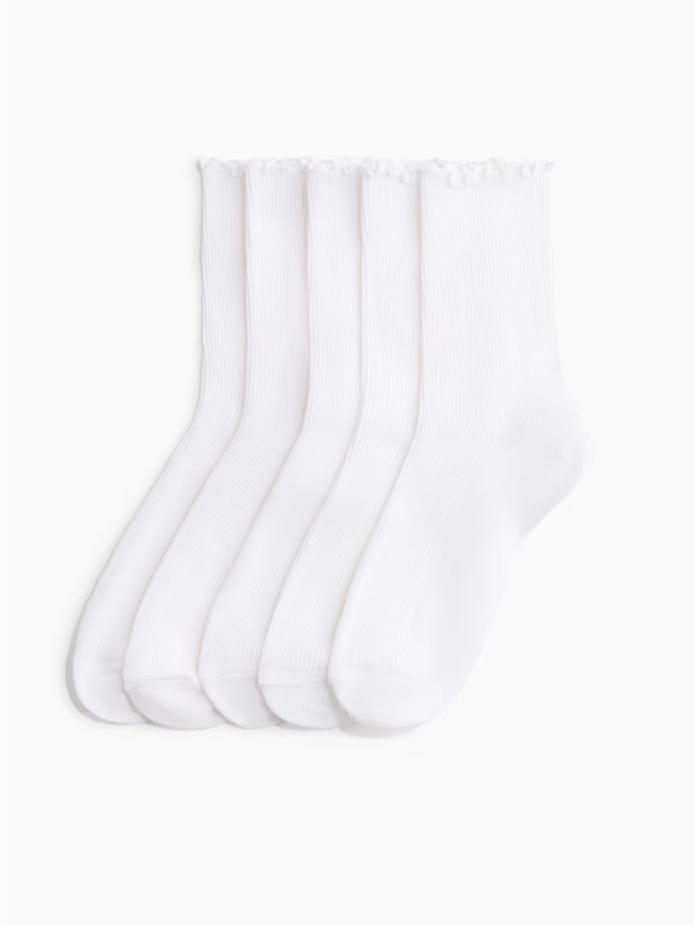 5-Pack White Rib Knit Ruffled Socks, Size 8-10